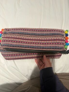 Multicolor Ethnic Pattern Foldover Clutch with Pom Pom Trim - NEE